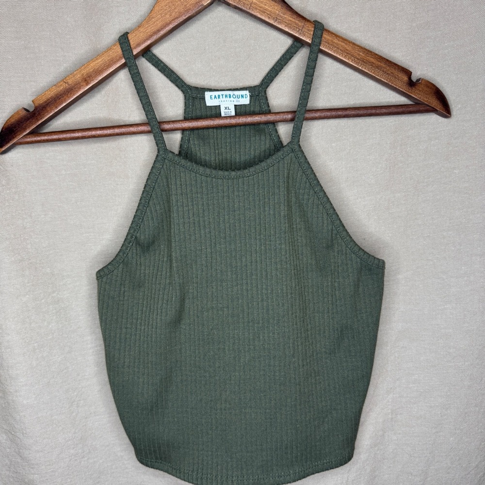 Earthbound Trading Co Olive Green Ribbed Halter Tank Top XL Minimalist